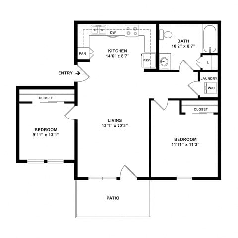 Floor plan for 2 beds, 1 bath, 812 sqft